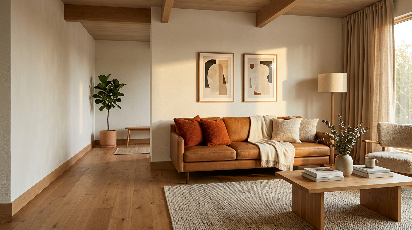 Caramel leather sofa in a sunlit living room